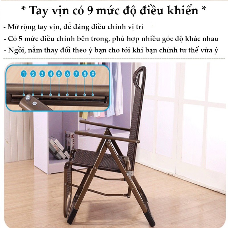 Ghế nằm thư giãn đan mây BTY, ghế xếp thư giãn đọc sách, nằm ngủ có gối tựa, bibi shop