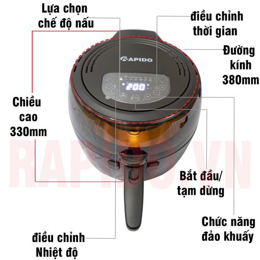 Nồi chiên không dầu Rapido 6.5Lit (Điều khiển điện tử)- hàng chính hãng- bảo hành toàn quốc