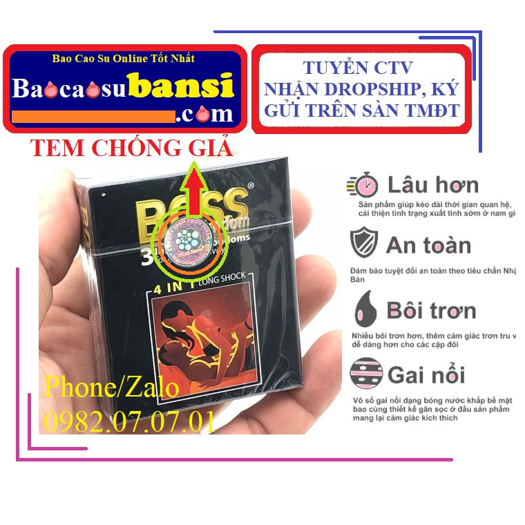 Bao cao su Boss 4 in 1 [100% Real] Gân Gai, Siêu Mỏng, Chống Xuất Tinh sớm, 1 Cái lẻ, 2, 3, 12 Cái, Tuyển Sỉ Toàn Quốc