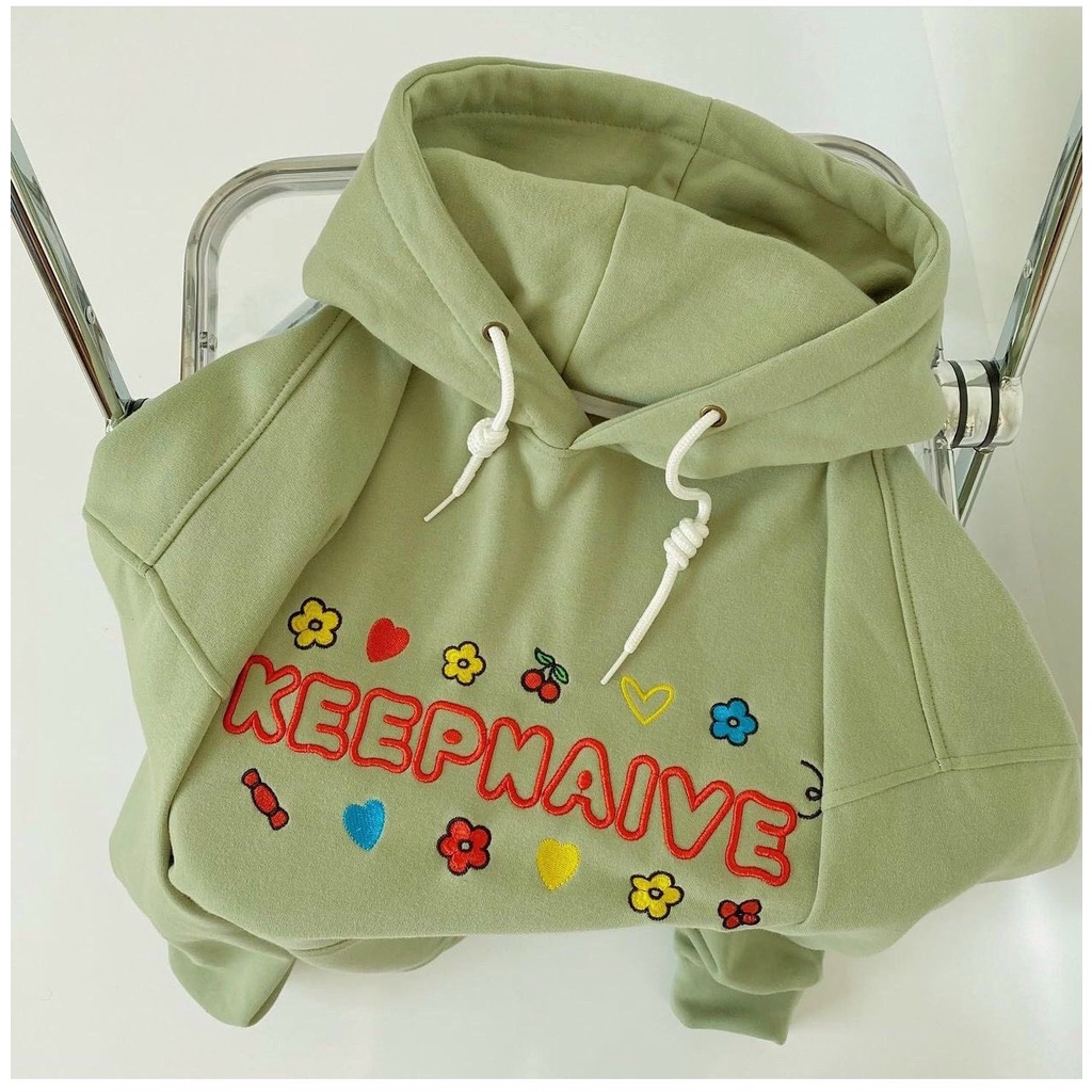 ÁO KHOÁC HOODIE CHUI ĐẦU NỈ NGOẠI NỮ THÊU CHỮ KEEPNAIVE HOA LÁ MÀU BE XANH CỐM DÀY DẶN ẤM ÁP CAO CẤP NITIQC