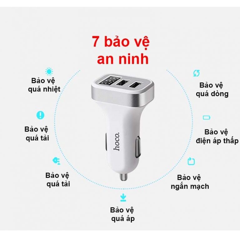 Tẩu Sạc Xe Hơi Hoco Z3💎2 CỔNG USB + LED HIỂN THỊ💎Tẩu Sạc Ô tô Có Đèn Led - Bảo Hành Chính Hãng 12T