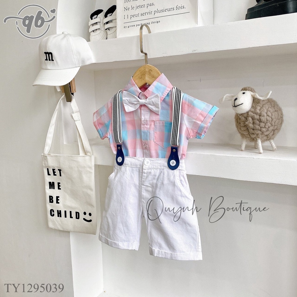 Quần áo trẻ em  QUYNH BOUTIQUE Set yếm áo caro hồng cho bé