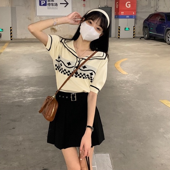 Áo thun polo ZHELIHANGFEI dệt kim tay phồng ngắn phong cách vintage dễ thương