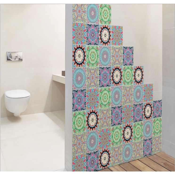 Decal gạch bông hoa văn đỏ xanh dạng rời (1 bộ 6 tấm 20cmx20cm)