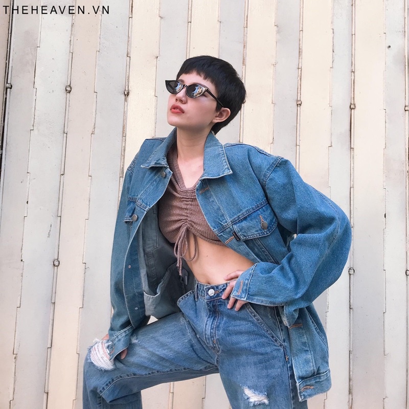 Áo khoác jean form rộng Xanh Vintage ánh Rêu 6 túi cá tính phong cách Ulzzang