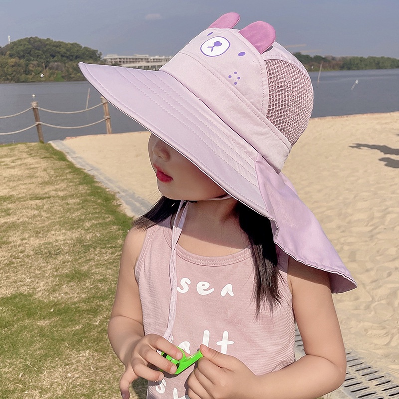 Mũ rộng vành, che gáy chống nắng chống tia UV họa tiết gấu dễ thương cho bé