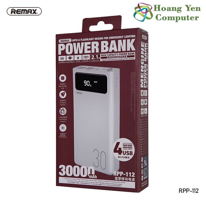 Sạc Dự Phòng Remax RPP-112 30000mAh Lõi Polymer 3 Cổng Sạc Vào, 4 Cổng Sạc Ra, Tích Hợp Đèn Led - Hoàng Yến Computer