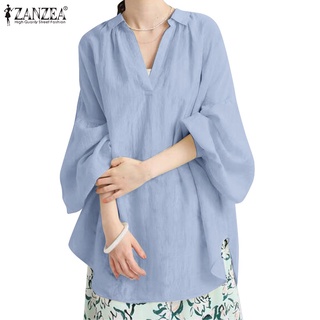 Áo kiểu ZANZEA cổ chữ V tay phồng dài có nút gài cổ tay áo màu trơn cho nữ