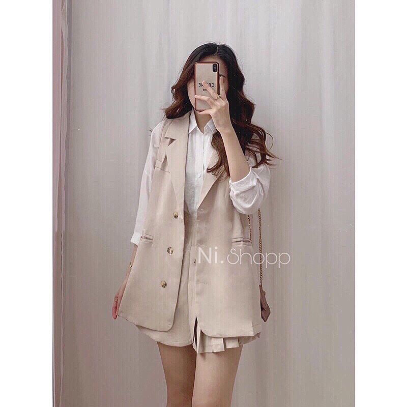 Set vest áo blazer váy xếp ly màu nâu be sang chảnh - Ảnh thật | WebRaoVat - webraovat.net.vn