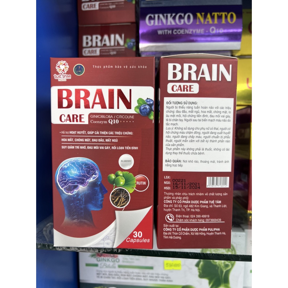 Viên Uống BRAIN CARE GINKGO BILOBA Q10 Bổ Não Giảm Hoa Mắt Chóng Mặt Cải Thiện Cho Giấc Ngủ Sâu