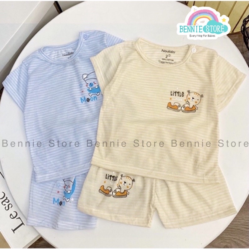 Bộ ngắn tay cho bé 4-14kg, Bộ cộc tay cotton giấy cài vai kẻ ngang Noubaby