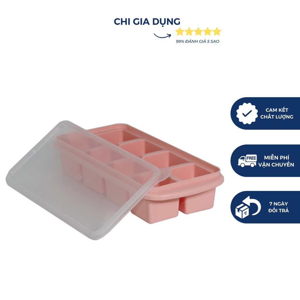 Khay đá nhựa dẻo cao cấp, khay chia đồ ăn 8 viên có nắp đậy Việt Nhật