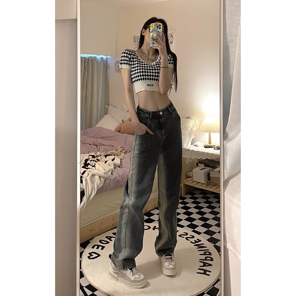 DUNEA Áo Len Tay Ngắn Họa Tiết Sọc Caro Thời Trang Cho Nữ