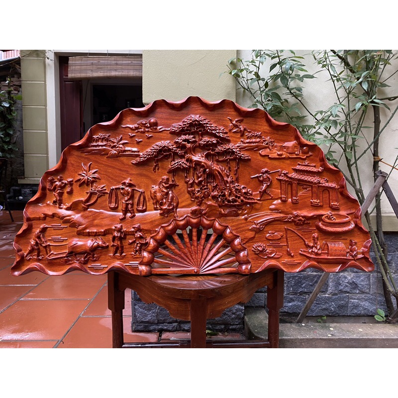 Tranh Quạt Gỗ Đồng Quê Kích Thước 60*120cm sơn pu cao cấp
