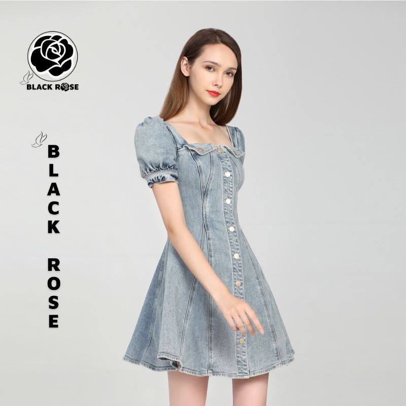 Váy Đầm Jean Nữ Xanh Cao Cấp Chữ A Tay Phồng Black Rose Đầm Rin Demin Nu Phong Cách Han Quốc - TẤM CÁM BOUTIQUE
