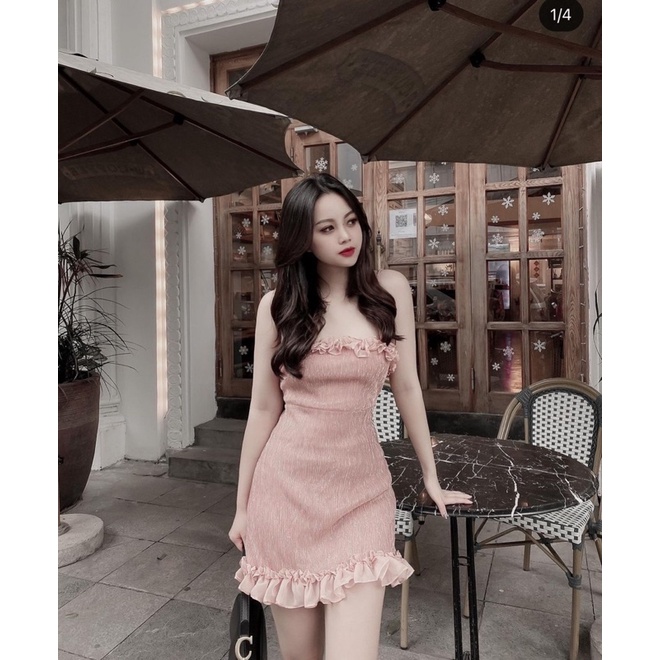 Đầm 2 dây nhung viền bèo