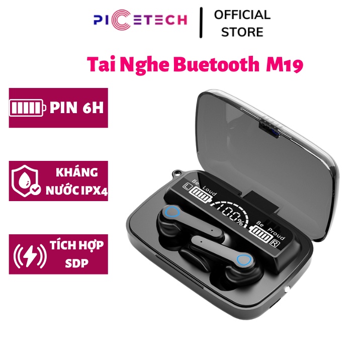 Tai nghe bluetooth không dây M19 màn hình led có mic đàm thoại , tích hợp sạc dự phòng, đèn pin - Chính Hãng PICETECH