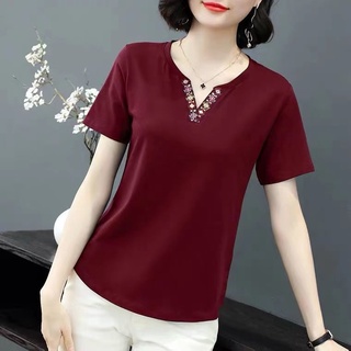 Áo Thun Tay Lửng Cổ Chữ V Thêu Họa Tiết Thời Trang Cho Phụ Nữ Trung Niên