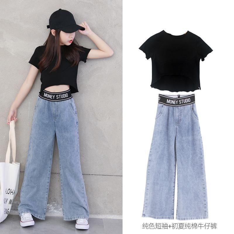 Bộ đồ bé gái áo phông + quần jean，Quần Jeans Dài Lưng Cao Ống Rộng Thời Trang Xuân Thu Cho Bé Gái