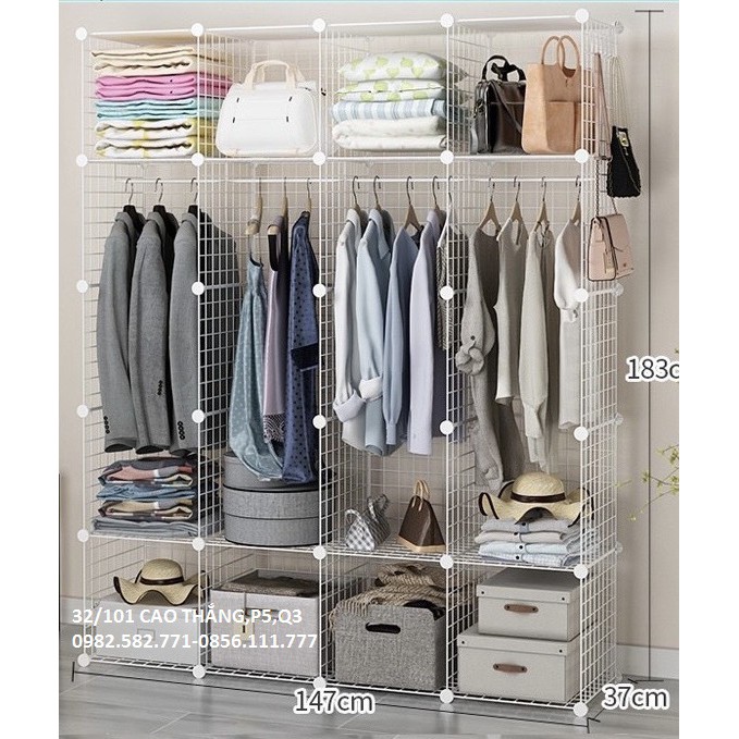 Kệ quần áo lắp ghép 20 ô có 4 thanh treo đồ và 8 ô xếp như hình, tặng búa gỗ, dây rút và móc cài sườn SIZE37 VÀ SIZE 47