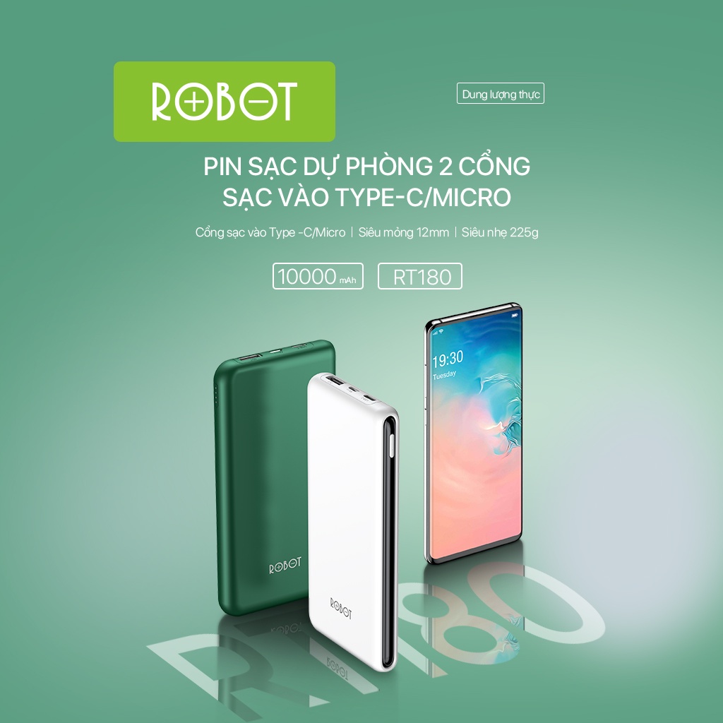 Pin Sạc Dự Phòng 10000mAh ROBOT RT180 1 Output USB &amp; 2 Input Micro Type-C Hàng Chính Hãng Bảo Hành 12 Tháng 1 Đổi 1