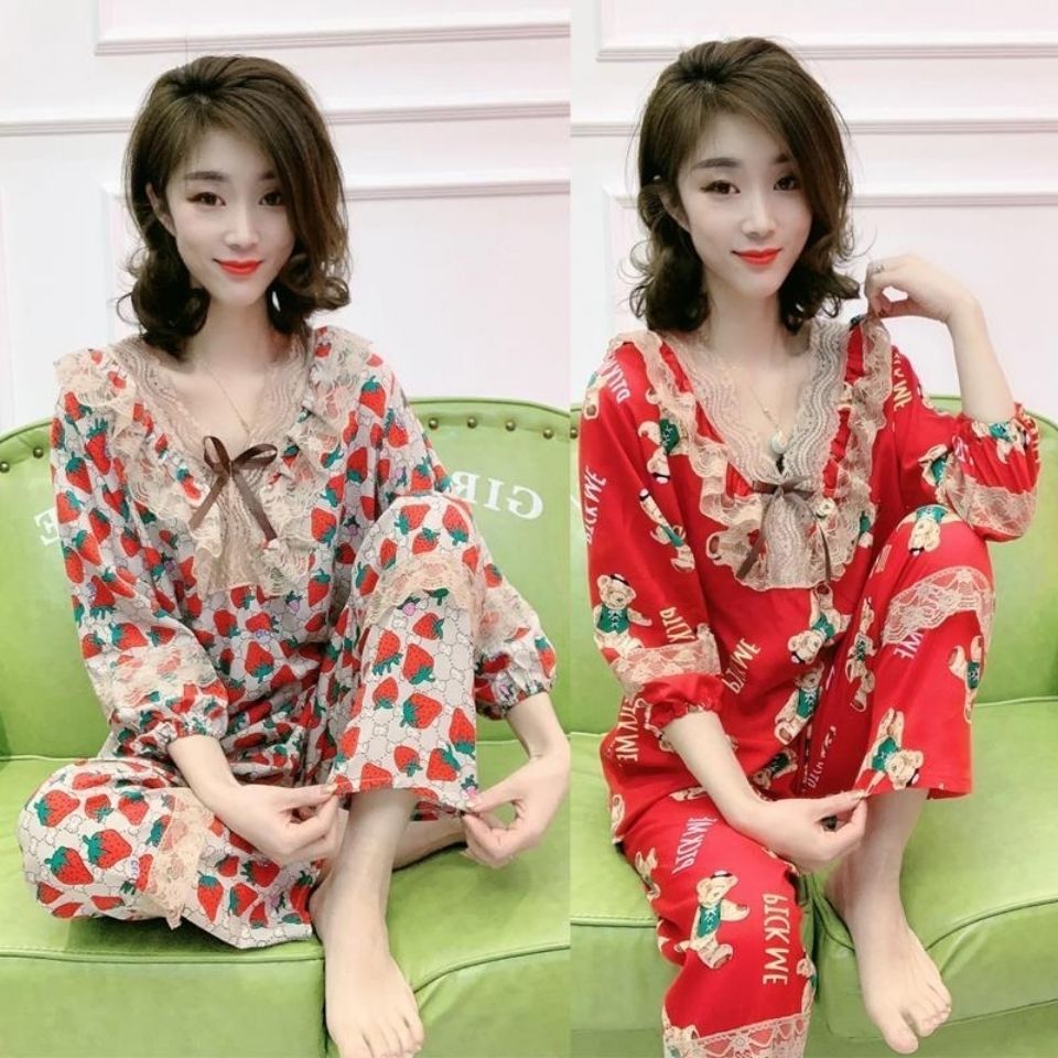 Bộ đồ ngủ mùa xuân mới của phụ nữ đồ ngủ tám điểm tay áo bông lụa thoải mái phiên bản Hàn Quốc là mỏng và phủ ren thịt q