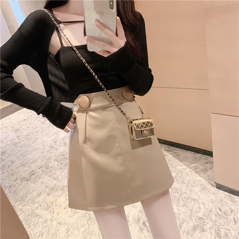Chân váy da PU lưng cao thời trang mùa thu