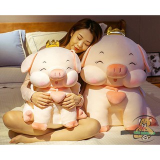 Gấu Bông Heo - Gấu Bông Heo Ngồi Vương Miện Đeo Chuông Tim, Lợn Bông Mềm Mịn Nhập Khẩu Cao Cấp Quà Tặng Ý Nghĩa st135