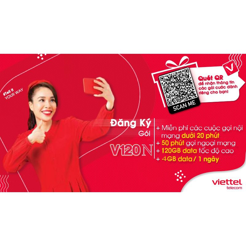 Bán Sim 4G Viettel V120N: 120k/tháng= 120Gb (4Gb/ngày) + gọi miễn phí nội mạng + 50 phút ngoại mạng