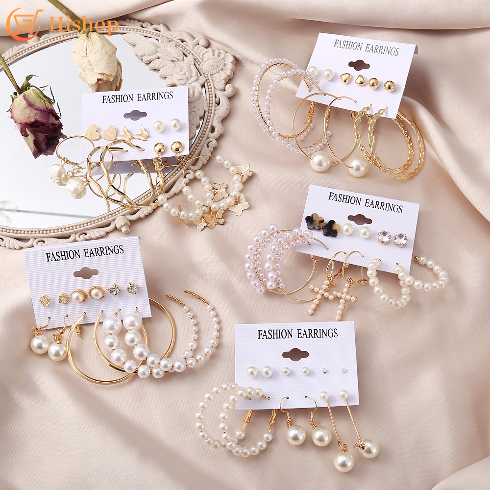 New Trend Pearl Earrings Set Oversized Hollow Elegant Lady Stud Earring Women Fashion Accessories