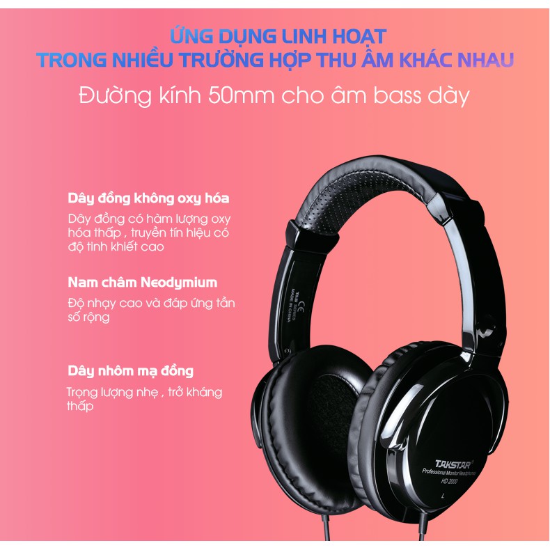 Tai nghe kiểm âm Takstar HD2000 chuyên dùng trong các phòng thu, Tai nghe chụp đầu, tai nghe phòng thu [ CHÍNH HÃNG ]