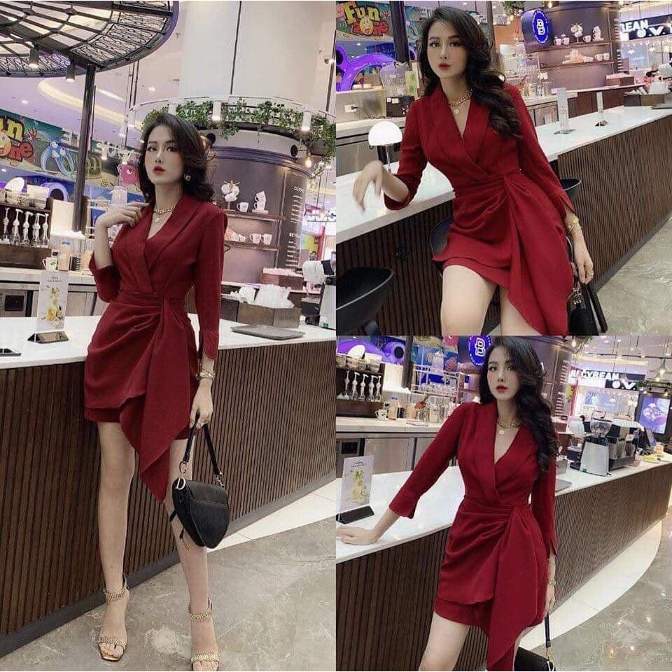 S05 Đầm BigSize dáng suông bèo eo cổ vest màu đỏ