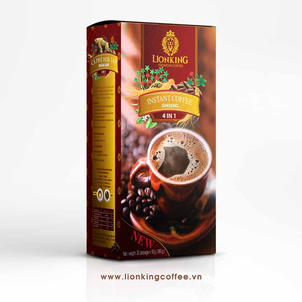 Cafe Hoà Tan LionKing 4in1 Nhân Sâm 360gr ( 20 que * 18g cà phê nguyên chất chọn lọc. Nhân sâm tươi không pha tạp