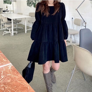 Váy babydoll nhung cổ vuông tay bồng the.sweaterweather TSW