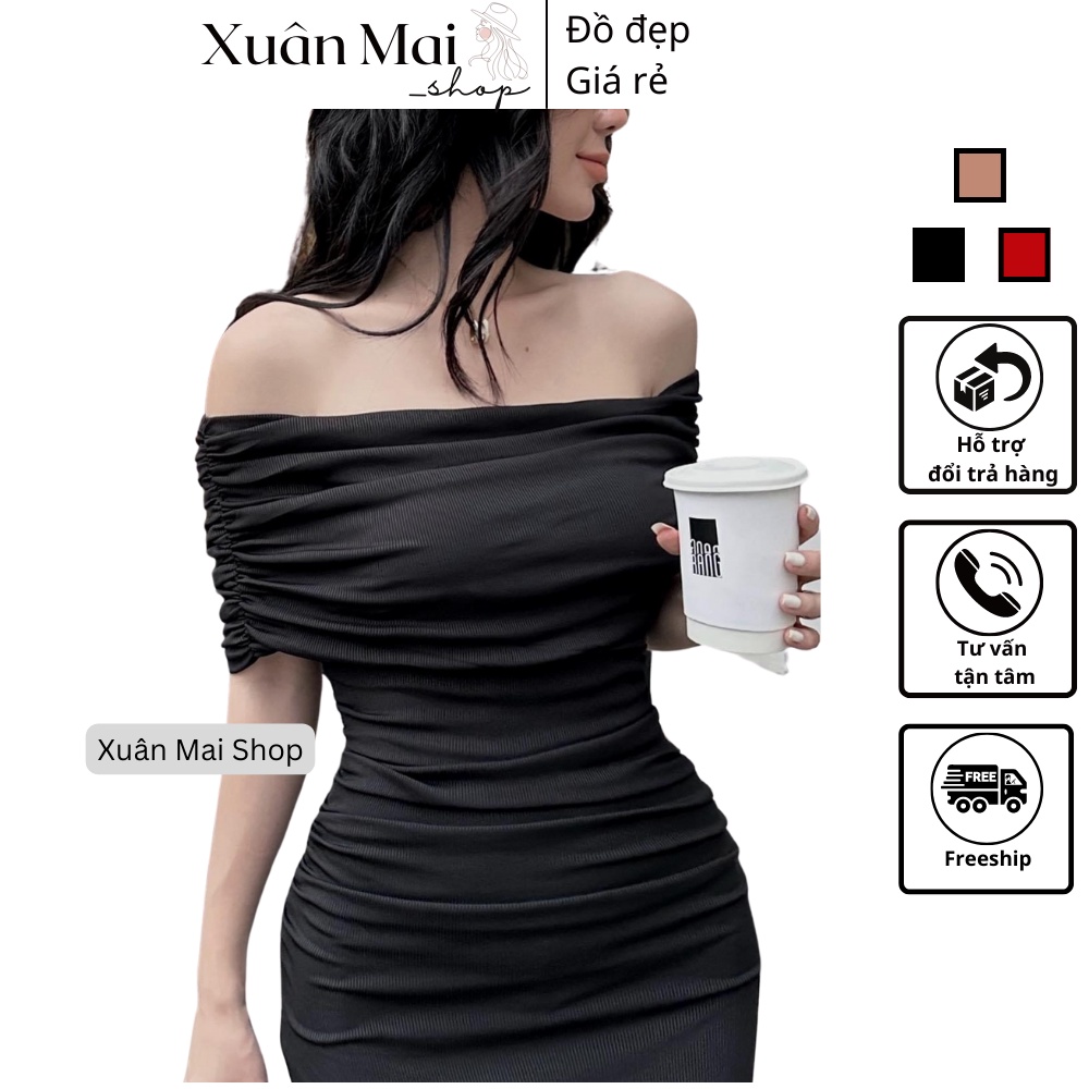 [FREESHIP] Đầm ôm body nữ nhúng trễ vai nhúng eo có khóa kéo sau nhiều màu hot hit