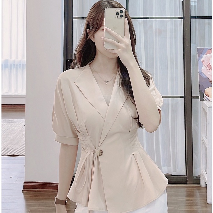 Áo sơ mi tay ngắn cổ vest vải lụa xếp ly buộc dây BEGIE A1452
