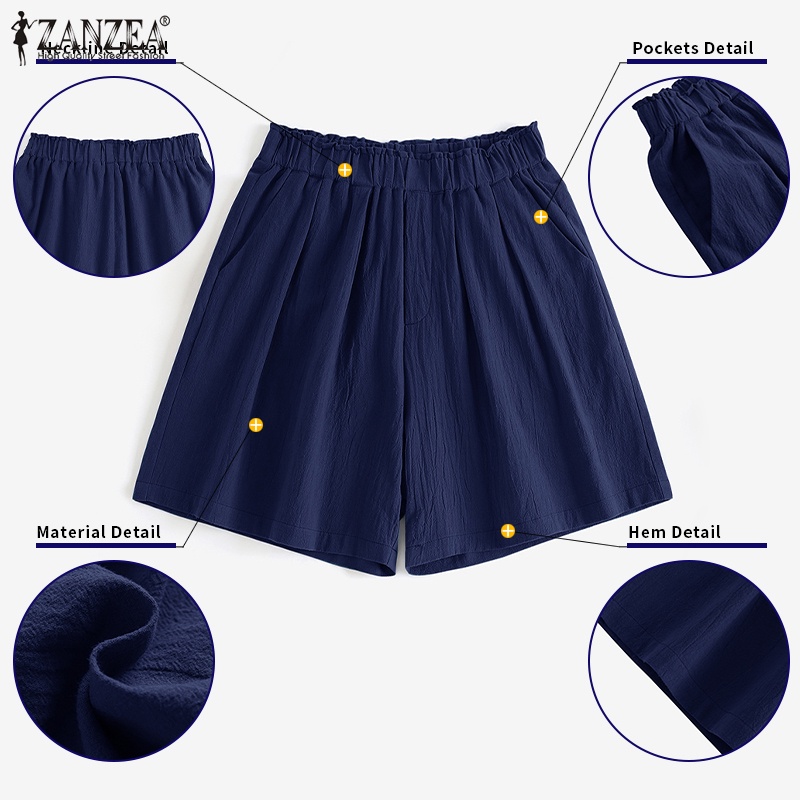 ZANZEA Quần ngắn ống rộng Lưng Thun Màu Trơn Thời Trang Cho Nữ