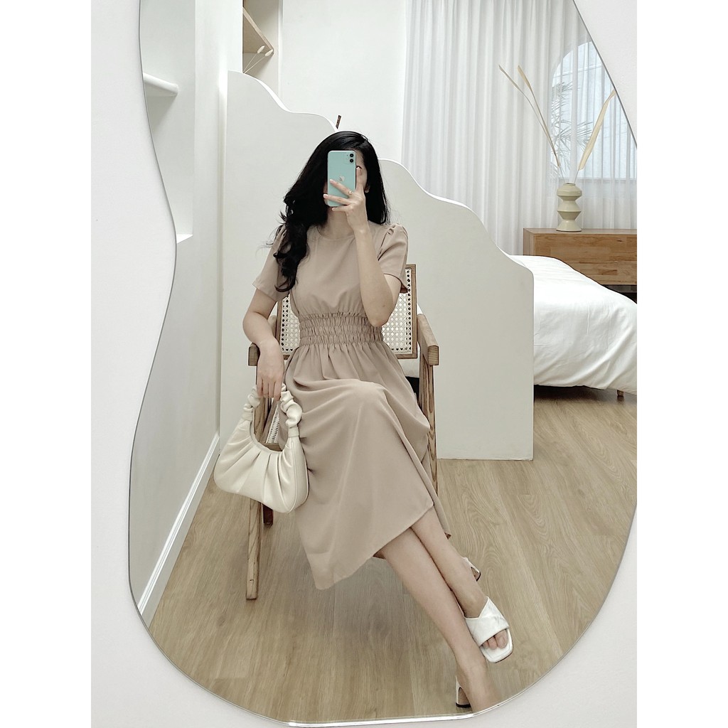 YU CHERRY | Đầm midi nữ cổ tròn, dáng dài, tay ngắn, thun quấn eo kiểu dáng cổ điển Midi Dress YD124