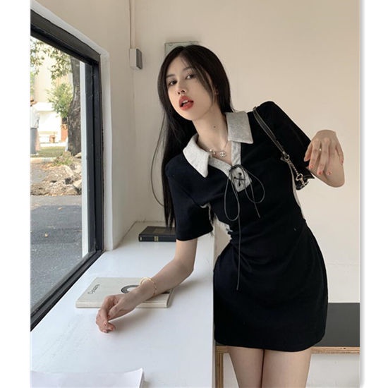 Đầm COZOKC tay ngắn cổ polo chiết eo phong cách Hàn Quốc dễ thương