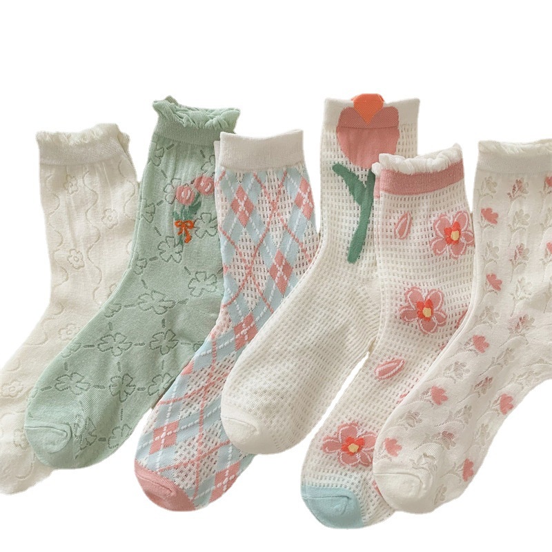Vớ cotton Ống Lưới Ba Chiều Thoáng Khí Họa Tiết Hoa Nhỏ Dễ Thương Phong Cách Hàn Quốc Thời Trang Mùa Hè Dành Cho Bạn Nữ