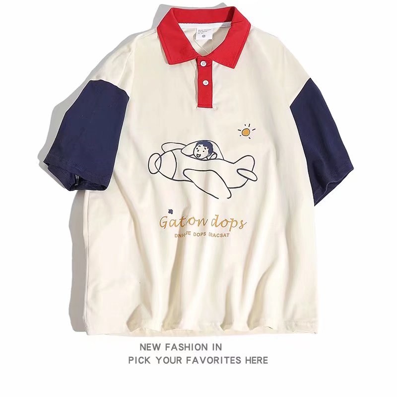 Áo Thun POLO Tay Ngắn Dáng Rộng Thêu Họa Tiết Hoạt Hình Phong Cách Hàn Quốc Thời Trang Mùa Hè Cho Nam size M-3XL