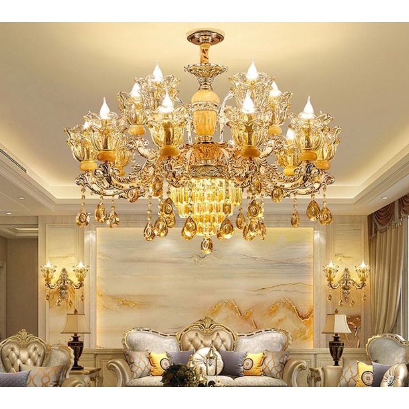 ĐÈN CHÙM 15 TAY CHAO THỦY TINH PHA LÊ TRANG TRÍ NỘI THẤT