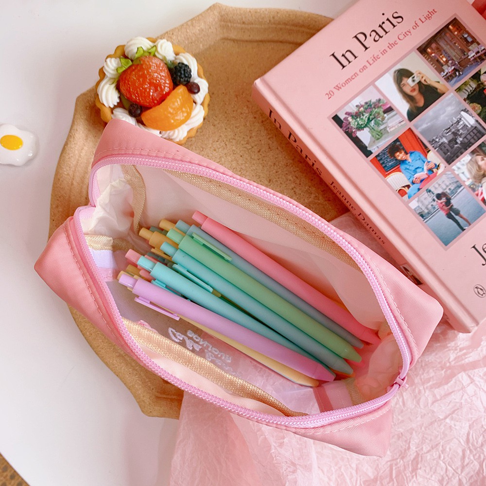 Hộp Bút Makeup Pouch Mặt Lưới Mesh Gấu Hồng Vàng Siêu Đáng Yêu
