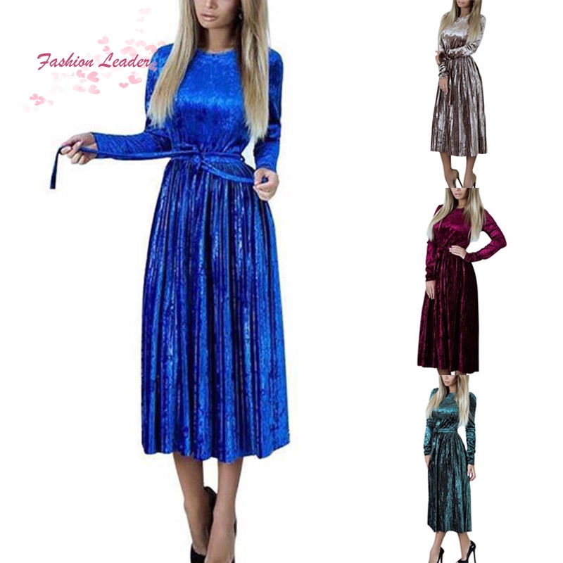 Đầm nhung cổ tròn tay dài phối dây cột thắt lưng thời trang cho nữ