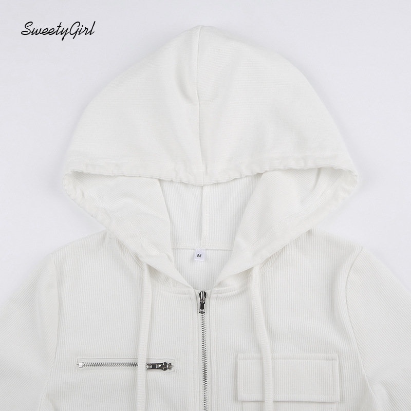 MsMona Áo Hoodie Tay Dài Dáng Ôm Màu Trắng Trơn Có Khóa Kéo Thời Trang 2022 Cho Nữ