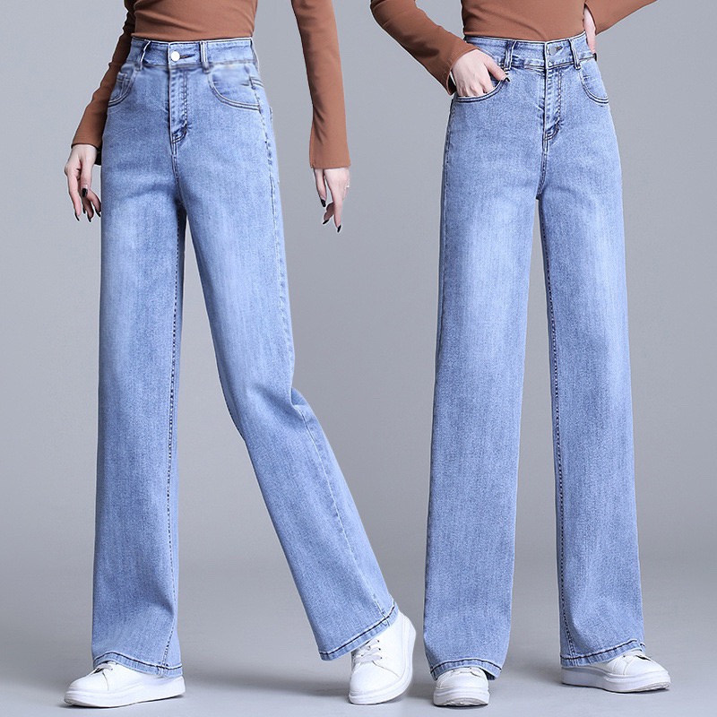 Quần Jeans Ống Rộng Nữ Cạp Cao Cotton Co Giãn 4 Chiều Quần Bò Ống Rộng Lưng Cao 3 Màu
