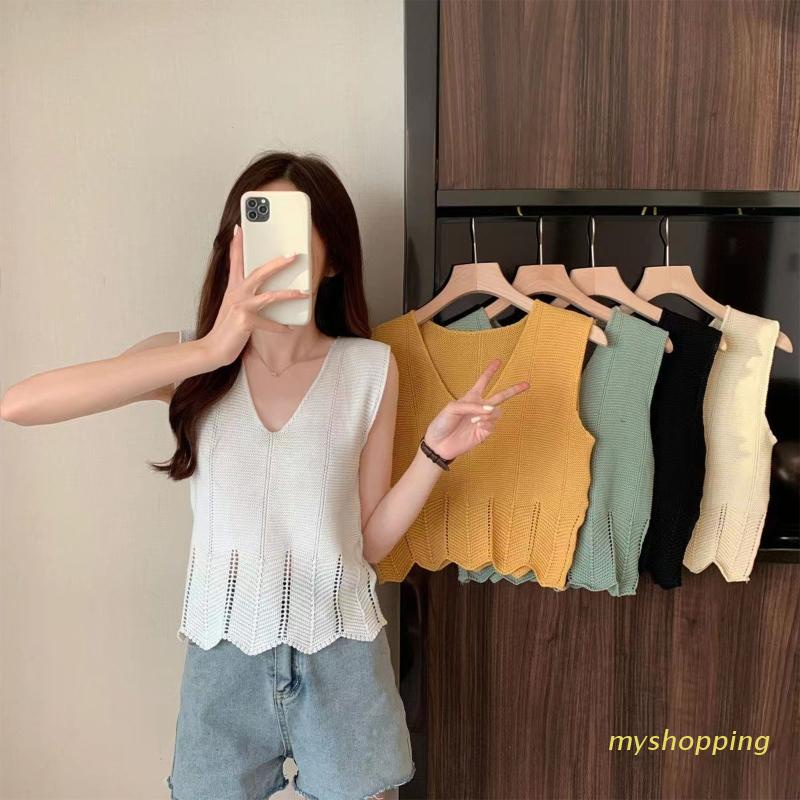 Áo Len Dệt Kim Không Tay Cổ Chữ V Màu Trơn Thời Trang Mùa Hè Cho Nữ