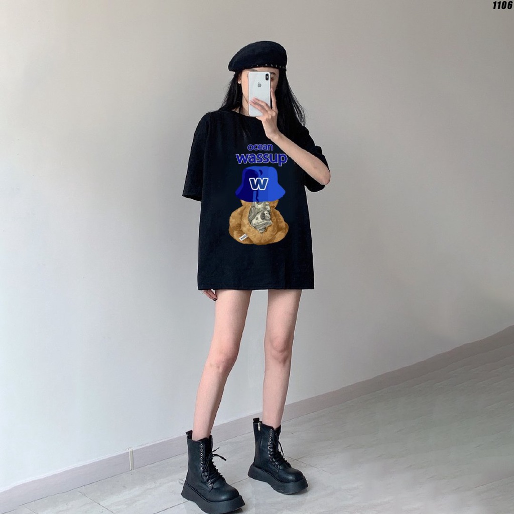 Áo thun tay lỡ nam nữ unisex form rộng Gấu Wassup 1106