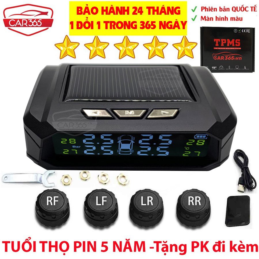 Cảm biến áp suất lốp cao cấp chính hãng CAR365 - Màn hình LCD hiển thị thông số - Pin năng lương mặt trời - CAR37