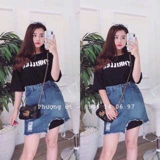Đầm jean suông in chữ